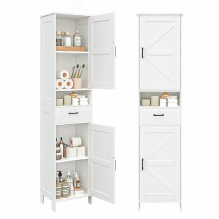 Homhedy Tall Bathroom Storage Cabinet with 2 Barn Doors and 1 Drawer，Storage Cabinet, Adjustable Shelves，Floor Cabinet for Living Room, Entryway,