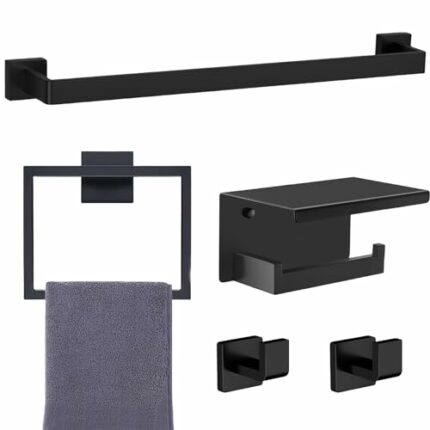 5-Pieces Matte Black Bathroom Hardware Accessories Set, 24 Inch Bath Towel Bar Set, SUS304 Stainless Steel Bath Towel Bar Set, Towel Racks for Ba