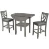 FEER 3 Piece Round Counter Height Kitchen Dining Table Set With Leaf Table And 2 Upholstered Grey Chairs
