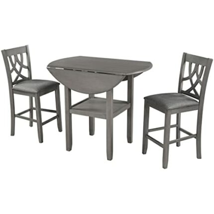 WALNUT 3 Piece Round Counter Height Kitchen Dining Table Set With Leaf Table And 2 Upholstered Grey Chairs