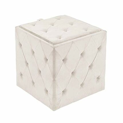 Inspire Me! Home Décor Genevieve Ottoman with Inset Faux Marble Tray Table Lid, Classy Sand Shell Soft Velvet, 43 x 43 x 43 cm, Glamorous Tufted