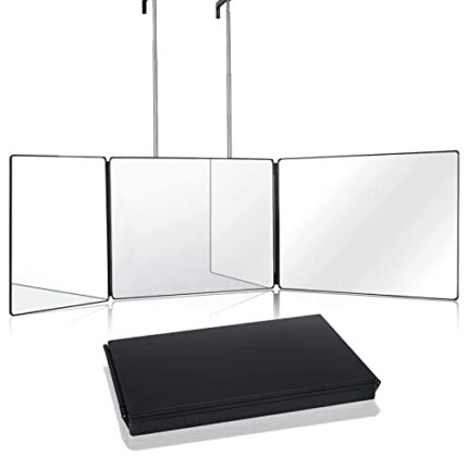 AHWOiHS 3 Way Mirror with Lights, 360 Mirror with Light Adjustable Height & Rechargeable Trifold 360 Mirror-Self Hair Cut for Men Women