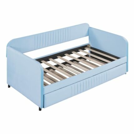 WALNUT Upholstered Daybed Sofa Bed Twin Size With Trundle Bed and Wood Slat, Light Blue