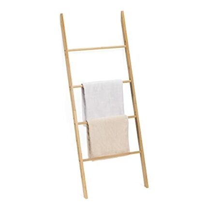 Navaris Bamboo Towel Ladder - Wood Rack for Towels, Clothes, Blankets - Wall Leaning Wooden Rack for Bathroom, Bedroom - 4-Tier Towel Holder Stan
