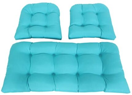 RULU Set of 3 1 Settee (44"x19"x5") & 2 Pieces of Wicker Seats (19"x19"x4") Solid Turquoise Outdoor/Indoor Cushions Set