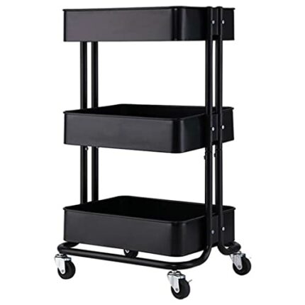 DINGZZ 3 Tier Rolling Cart With Wheels Metal Utility Cart Storage Organizer Trolley Cart For Kitchen Bathroom (Color : Svart, Size : 1pcs)