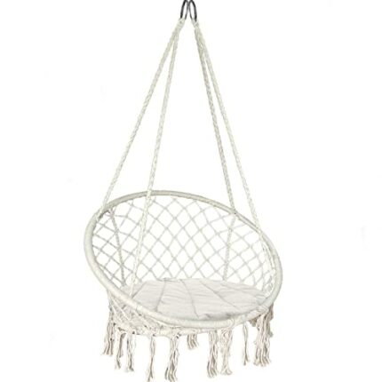 VOUNOT Swing Chair with Round Seat Cushion, Macrame Hammock Hanging Chair for Indoor, Outdoor, Beige