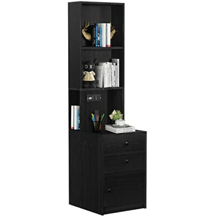 Bvewg Black Nightstand with Charging Station, Bed Side Table/Night Stand with Drawers, Bedside Table with Open Shelf Storage, Tall End Table for
