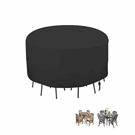 Fenghome Garden Furniture Cover, Waterproof Round Garden Table Cover for Outdoor Furniture Set Windproof Patio Table & Chair Set Cover with Draws
