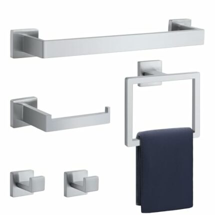Bathroom Hardware Set Brushed Silver 5-Pieces Bathroom Towel Rack SUS304 Stainless Steel Bath Towel Bar Set, Towel Racks Wall Mounted.