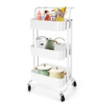 TNAVY 3 Tier Rolling Trolley with Handle, Metal Utility Cart on Wheels, Storage Organizer for Kitchen Laundry Bathroom and Office (White)