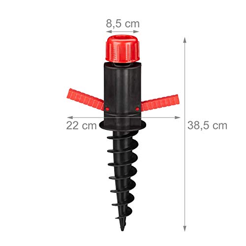Relaxdays Parasol Ground Anchor, Screw-In Holder with Grips, Umbrella Spiked Stand, 19-32 mm, Camping, Beach, Black/Red