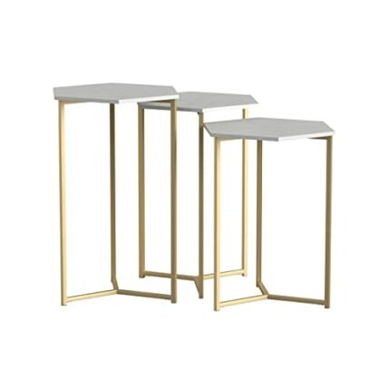 Eden Bridge Designs Mid Century Modern Wood Nesting Side Tables for Living Room Bedroom Home Office, Set of 3, Hexagon Shaped, Laminate, Faux Whi