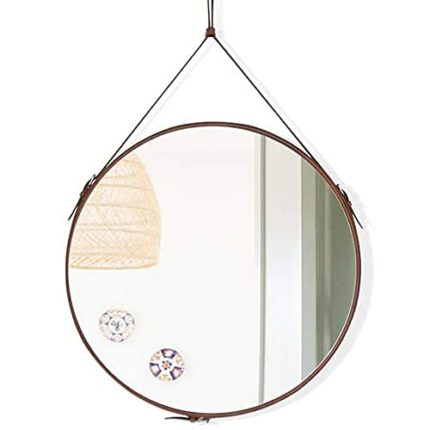 Round Hanging Wall Mirror Circle Mirror with PU Leather Strap Silver and Frame Hardware Hanger/Hook (Brown, 19.7inchs)