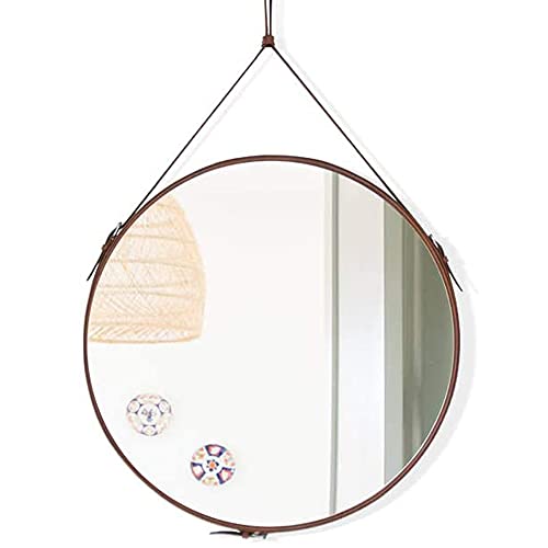 Round Hanging Wall Mirror Circle Mirror with PU Leather Strap Silver and Frame Hardware Hanger/Hook (Brown, 19.7inchs)