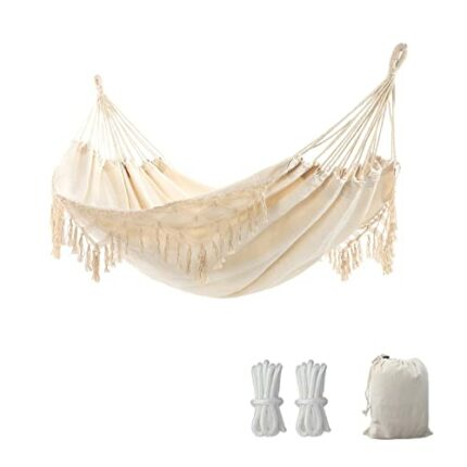 YAERSI Garden Hammock With Elegant Tassels 2 Person Macrame Hammock Bed With Carrying Bag For Patio, Yard, Outdoor And Indoor Load 450lbs, Beige
