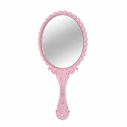 Vintage Handheld Mirror Makeup Mirror Oval Embossed Flower Vanity Mirror Antique Travel Compact Personal Cosmetic Mirror for Women Girls(Pink)