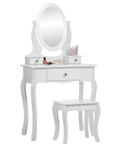 Runesol Girls Dressing Table (Age 8-13yrs) with Mirror and Stool, Childrens White Wooden Kids Vanity Table with Crystal Knobs Childs Dressing Tab