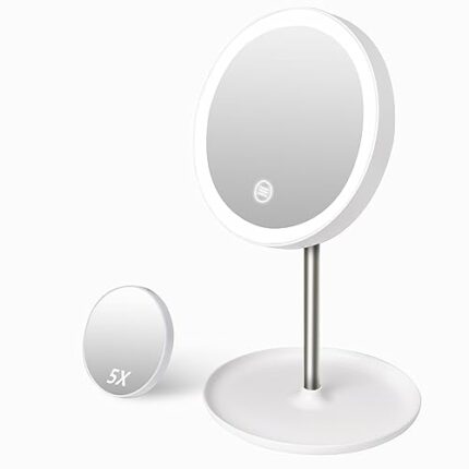 Tektalk LED Make-up Mirror 1X 5X Magnification Three colors of Light Two-Sided with Touch Dimmer Switch Battery and USB Powered 90°Rotation Cosme