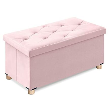 BRIAN & DANY Ottoman Storage Box with 4 Wood Legs, Velvet Foot Stool, Footstools for Living Room, Pink, 76 x 38 x 38 cm