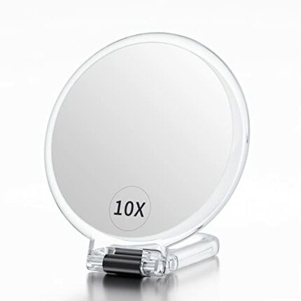 Beautifive Hand Mirror with Handle 10X/1X, Double Sided Magnifying Make up Mirror with Stand, Foldable Hand Held Compact Mirror for Makeup, Porta