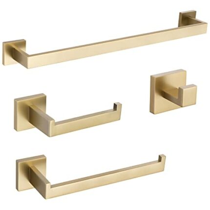 TURS 4-Pieces Bathroom Hardware Accessories Set Stainless Steel Square Towel Bar Holder Sets,Wall Mounted Brushed Gold,Q7GD-4PC-60CM