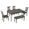 DINGZZ 6 Piece Classic Dining Table 1 Wooden Table + 4 Chairs + 1 Kitchen Dining Bench Grey