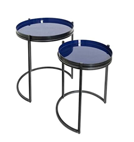 ASPECT Hannah Round Metal Tray Top Nest of 2 Table, Grey/Blue, L 43.5 diax49.5(H)/ S 33 diax43(H) cm