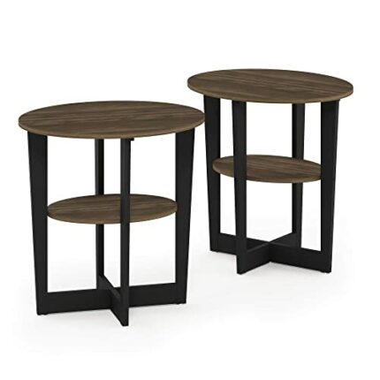 Furinno Oval End, Side Table, Nightstand, Engineered Wood, Columbia Walnut/Black, 2-Pack