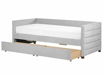 Beliani Velvet Daybed EU Single Size with Slatted Frame and Drawers Light Grey Marray