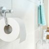 tesa SMOOZ Toilet Paper Holder - No Drill Chrome Plated Metal Toilet Roll Holder without Lid for Bathrooms and Guest Toilets - Includes Removable
