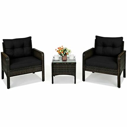 MIAOZI 3 PCS Outdoor Rattan Conversation Set Patio Garden Cushioned Sofa Chair Coffee Table (Color : D)