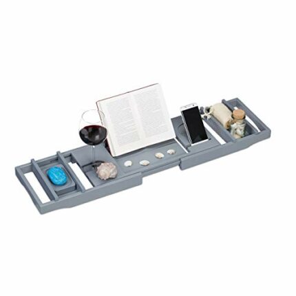 Relaxdays Bamboo Bathtub Caddy, 109 cm, Extendible, Wine Glass Holder, Book Stand, Soap Dish, Bath Tray, Grey