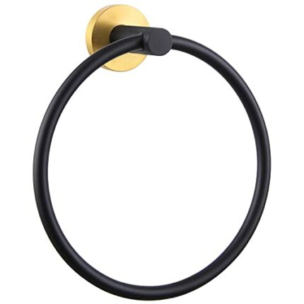 Hand Towel Ring Black & Gold, Angle Simple Stainless Steel Swivel Towel Holder, Bathroom Towel Rack Wall Mount
