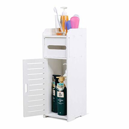 AYNEFY Bathroom Cabinet, 17 * 22 * 56 cm White Wooden Floor Cabinet Toilet Storage Shelf Space Saver Organizer Home Furniture,Floor Standing Unit