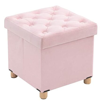BRIAN & DANY Folding Storage Ottoman with Wood Legs, Velvet Footstools Cube for Living Room and Bedroom, 40x 40x 40 cm, Pink