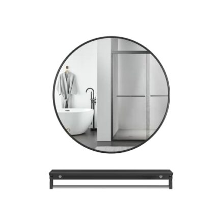 Albriya R8080BK-1 Large Round Black Metal Mirror 32 inch with Floating Shelf - Large Wall Mounted Circle Mirror Matte Black Frame - for Bathroom,