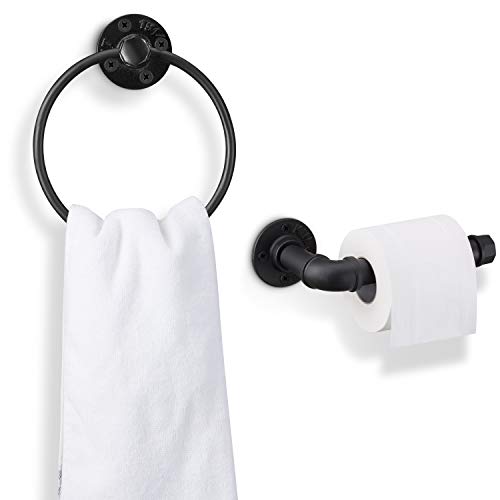 Industrial Black Toilet Paper Holder and Towel Ring, Bathroom Hardware Set, Wall Mounted Hardware Accessories, Includes Pipe Towel Rack Towel Rin