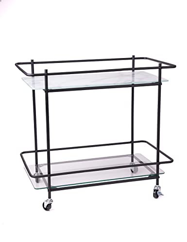 HONCOEN Metal Bar Serving Cart Storage Shelves Wine Rack Table Coffee Station 2 Tier Glass Kitchen Rolling Organization 65cm