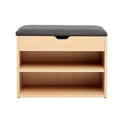 Amazon Basics 2-Tier Wooden Shoe Rack With Fabric Seat Cushion, Natural With Grey Cushion