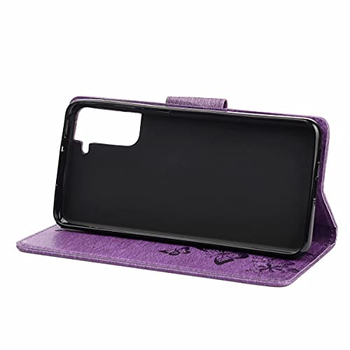 Reevermap Samsung S21 FE Case, Galaxy S21 FE 5G Case, Shockproof Flip Wallet Card Slots PU Leather Embossed Butterfly Stand Magnetic Cover for Sa
