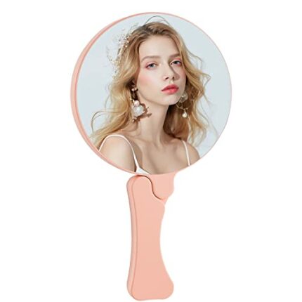 Yuansheng Small Hand Mirror, Portable Compact Mirror with Folding Handle, Round Bag Mirror for Travel Makeup, Lightweight, Without Lights (Pink)