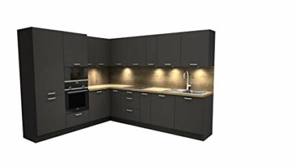 KÜTCHENHAUS Nobilia fully rigid german kitchen, complete with worktops, appliances and, suitable for an L Shape space (Dark Scheme, 2450x3050mm)
