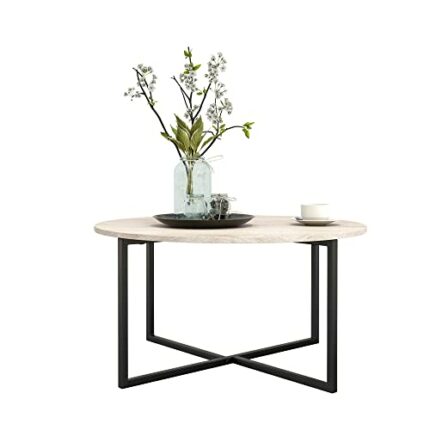 HOJINLINERO Round Coffee Table,Industrial Style Cocktail Table,Durable Metal Frame with Wood Look Accent Furniture,Easy To Assemble,for Living Ro