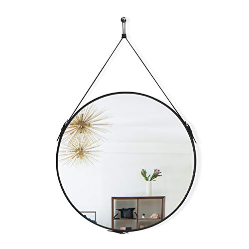 Round Hanging Wall Mirror Circle Mirror with PU Leather Strap Silver and Frame Hardware Hanger/Hook (Brown, 19.7inchs)
