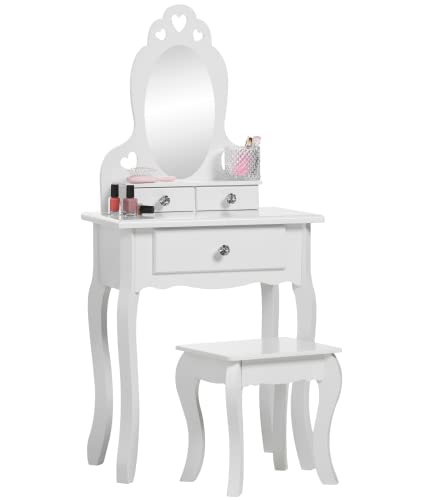 RuneSol Girls Dressing Table (Age 3-7yrs) With Mirror and Stool, Childrens White Wooden Kids Vanity Table with Crystal Knobs Childs Dressing Tabl