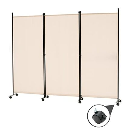 Spurgehom 3 Panel Rolling Room Divider, Folding Partition Privacy Screens, Freestanding Fabric Room Panel, Portable Folding Wall Divider for Offi