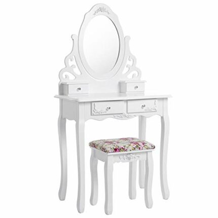 SONGMICS Princess Dressing Table Stool Set and 360 Degree Swiveling Mirror Makeup Desk 4 Drawers Vanity Furniture Easy to Assemble Bedroom White