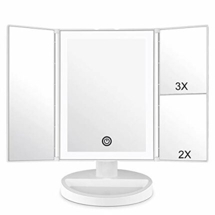 WEILY Makeup Vanity Mirror with LED Lighting and Touch Screen, Tri-Fold 1x 2x 3x Magnification,180° Adjustable Rotation,Battery and USB Powered,C