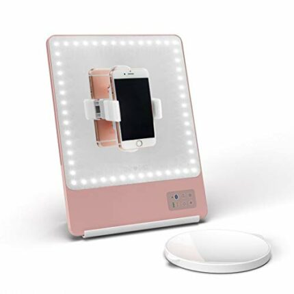 Glamcor Riki Skinny Smart Vanity Mirror with HD LEDs, Magnifying Mirror Attachment, Phone Holder and Bluetooth Control (Rose Gold, 10X Magnificat